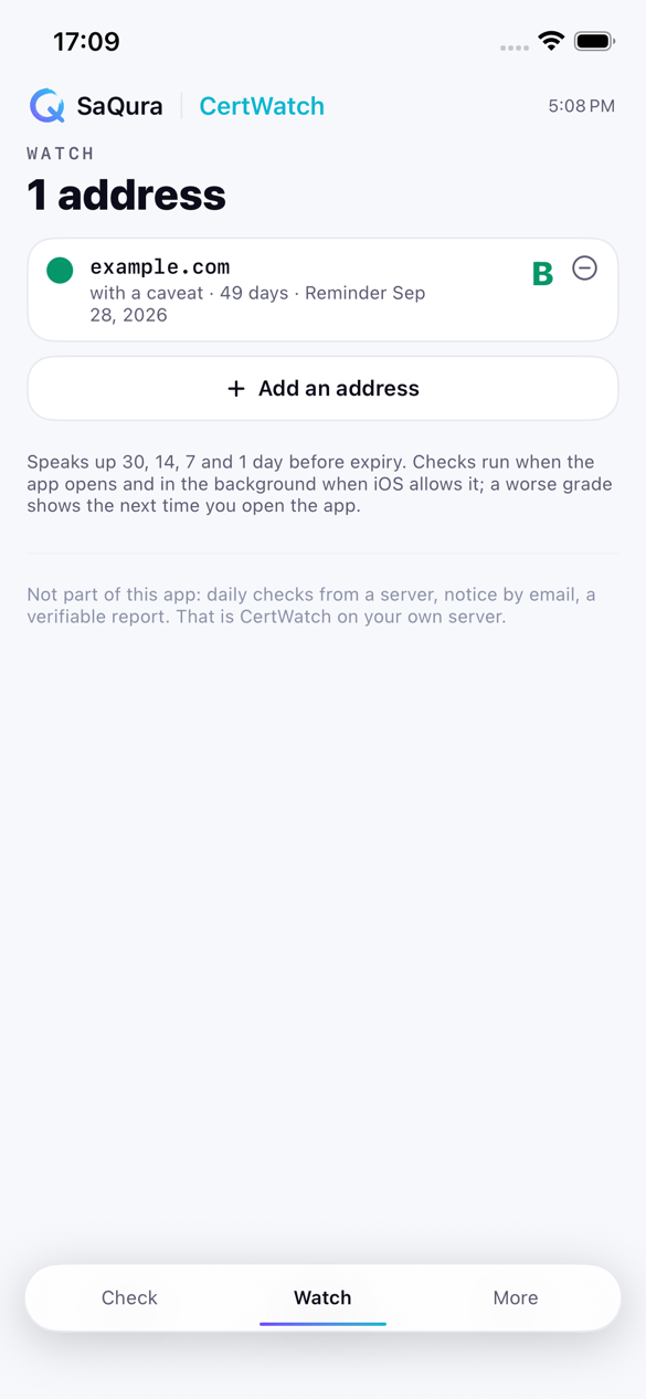 iPhone screen: watch list with one address and a reminder before expiry