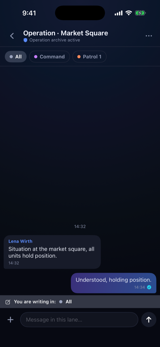 One chat, split into operational sub-areas.