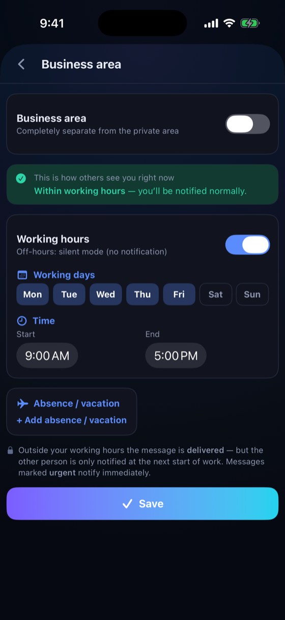 Business hours & quiet mode — off is off.